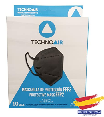 Mascarillas FFP2 de 5 capas en cajas de 10 uds color negro, Homologadas tipo III, fabricadas en España CE 2797 - Technoair