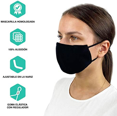 Pack de 3 Mascarillas Reutilizables y Lavables de Tela Algodon Homologadas - Comodas y Respirables - Máscaras Certificadas (Negras)