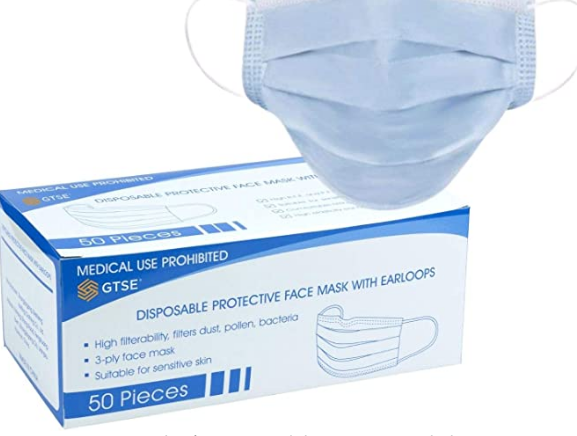 GTSE (Paquete de 50) 3 Capas, Mascarillas Protectoras Desechables con Gancho para la Oreja, no Tejido, Polipropileno