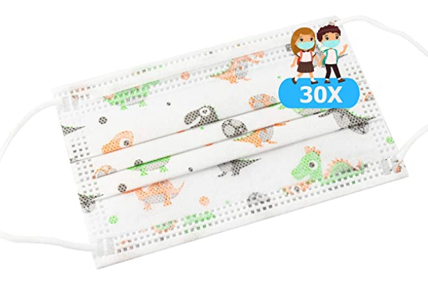 TBOC Mascarilla Higiénica Niños No Reutilizable - [Pack 30 Unidades] 3 Capas [Color Blanco Dino]