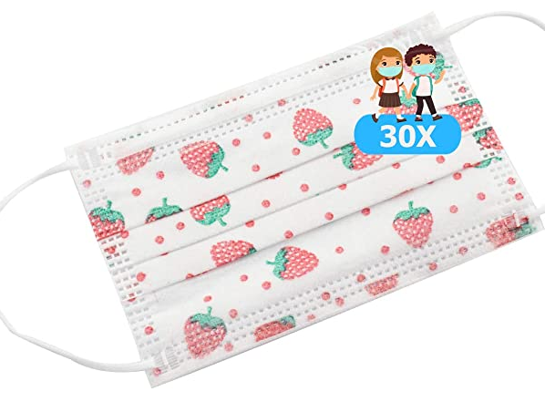 TBOC Mascarilla Higiénica Niños No Reutilizable - [Pack 30 Unidades] 3 Capas [Color Blanco Fresas]
