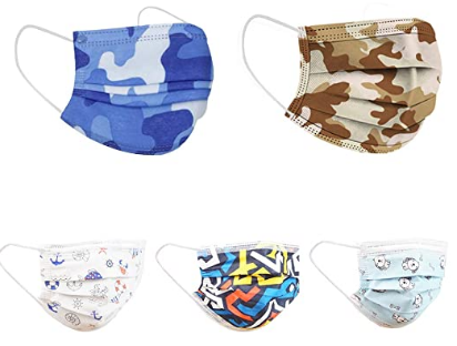 50 mascarillas higiénicas infantil desechable camuflaje con 5 dibujos de niño de 3 capas surtidos