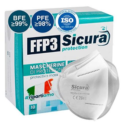 10 Mascarillas Protectoras FFP3 Homologadas con Certificación CE fabricadas en Italia - Alta Eficiencia de protección bacteriana BFE ≥99% | PFE ≥99% Mascarilla selladas individualmente.