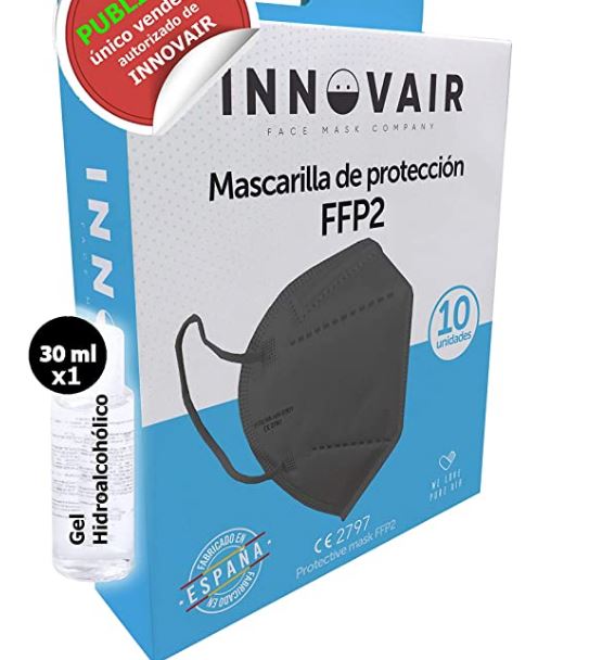 Caja 10 unidades Mascarilla FFP2 NR - 100% ESPAÑOLA - INNOVAIR - COLOR NEGRO INTERIOR NEGRO - CE 2797 + 1 gel hidroalcohólico
